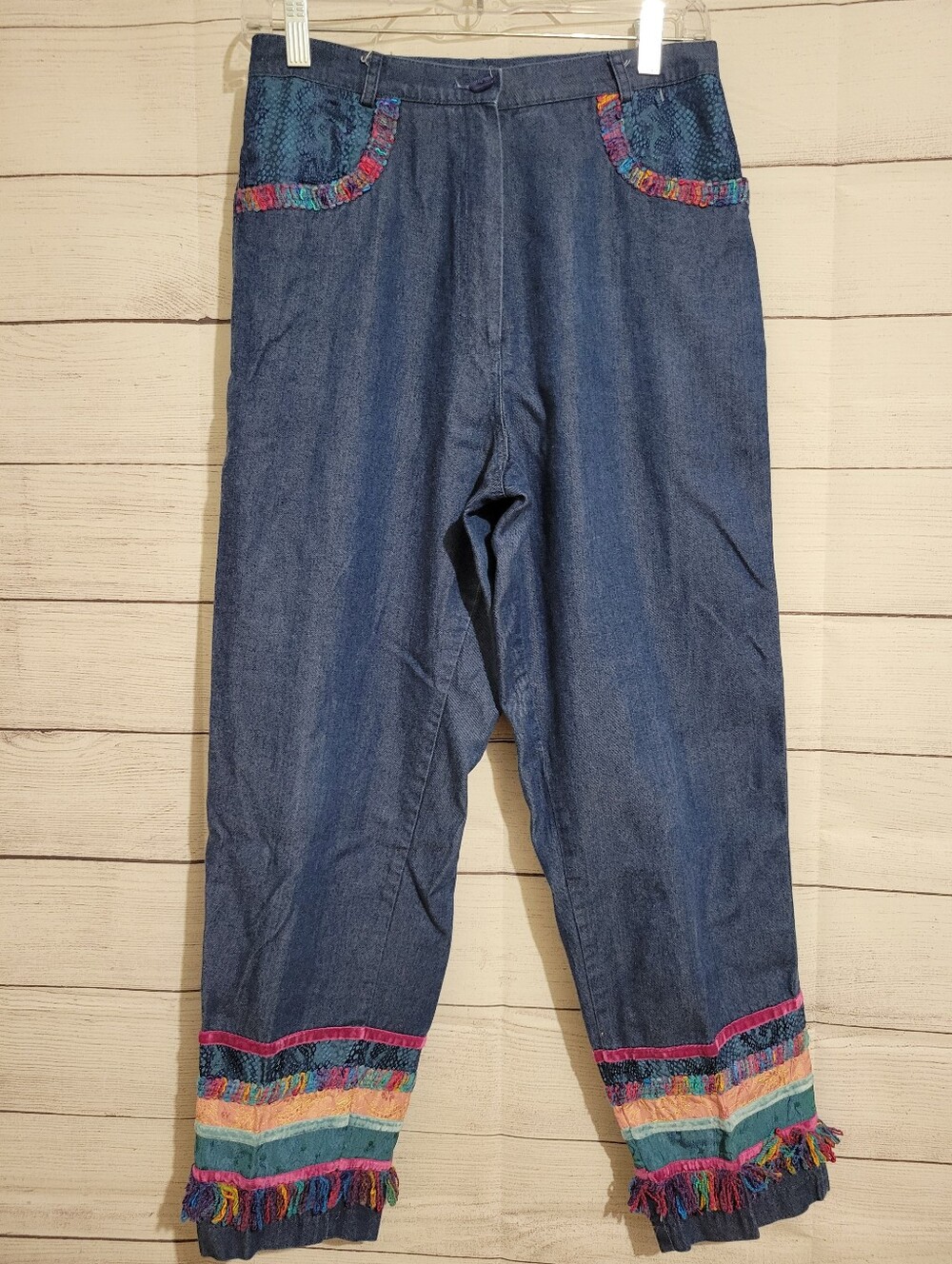 Vintage Lori Lundon Pant  Denim Boho Embroidered Fringe Colorful Wom Size 8 70s